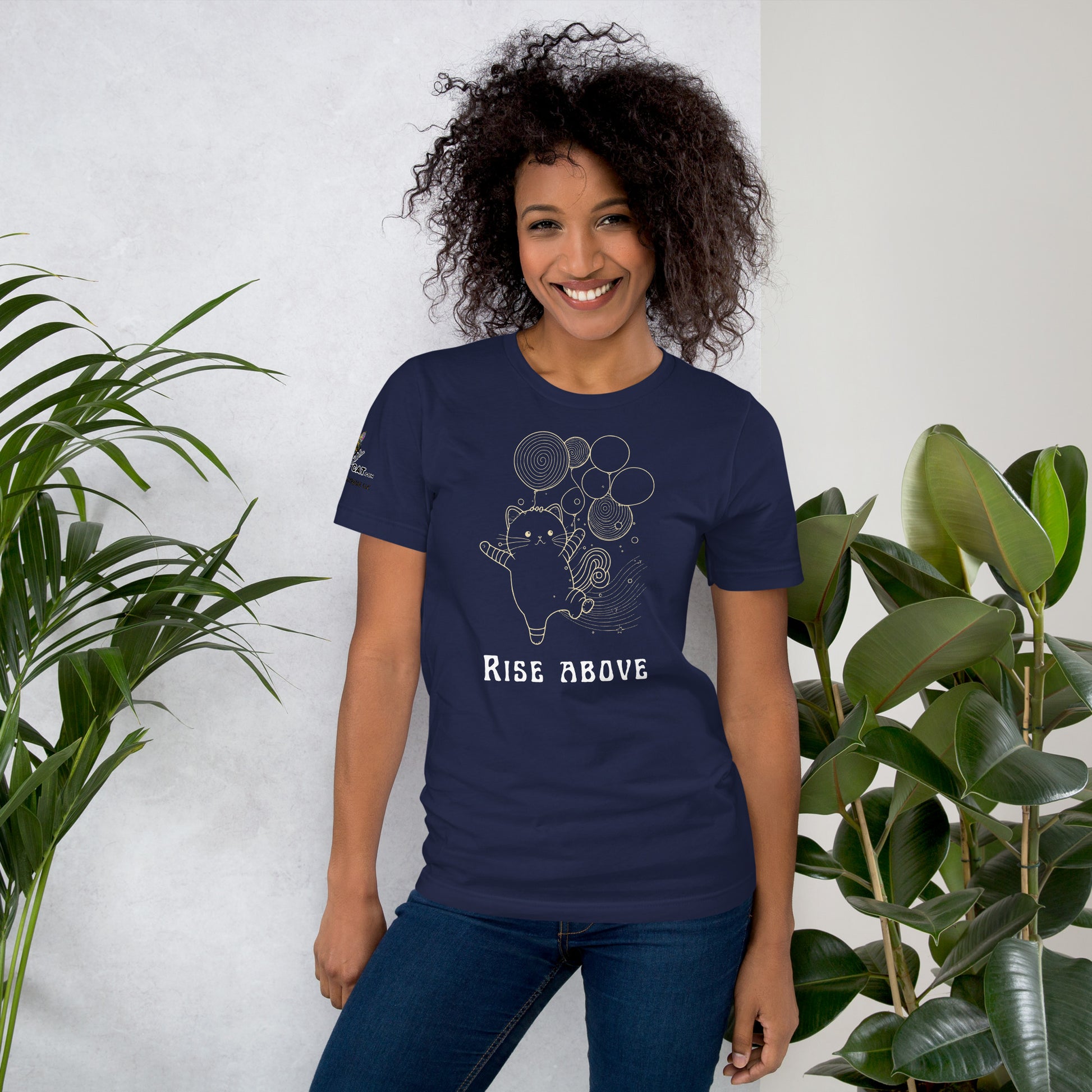 young woman wearing navy tee that says rise above