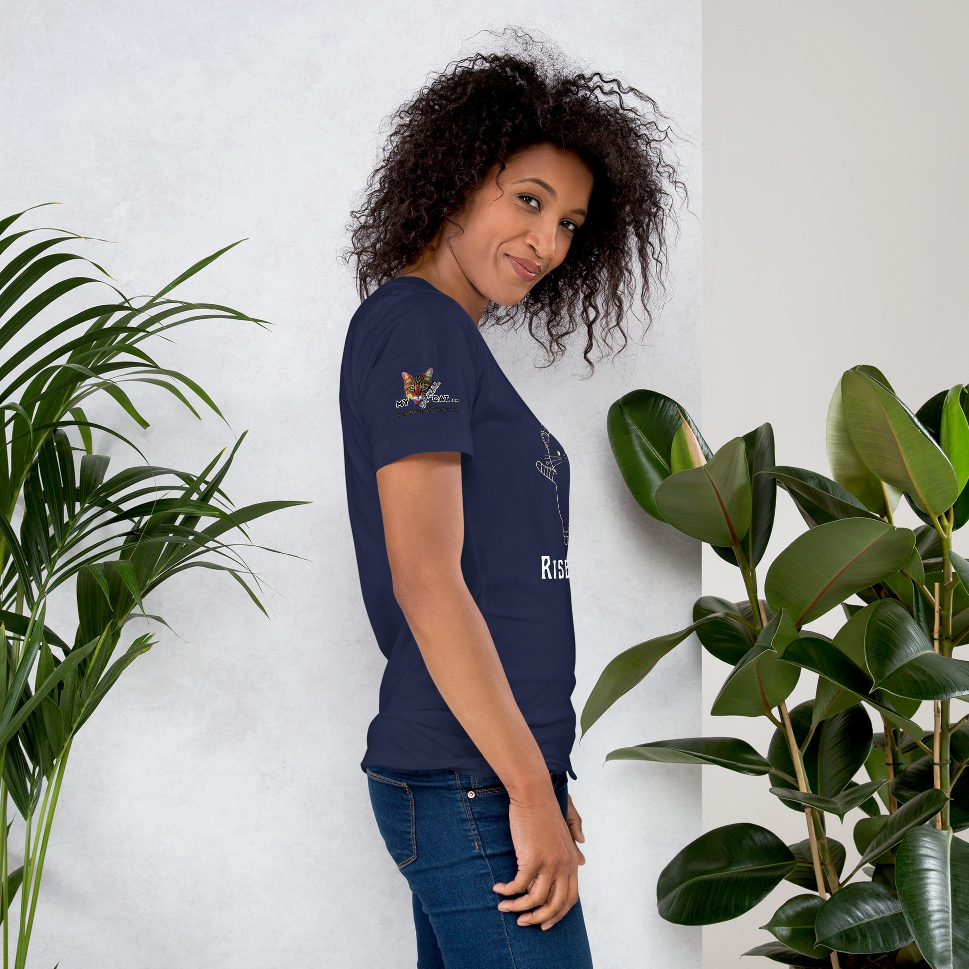 young woman wearing navy tee right shoulder view