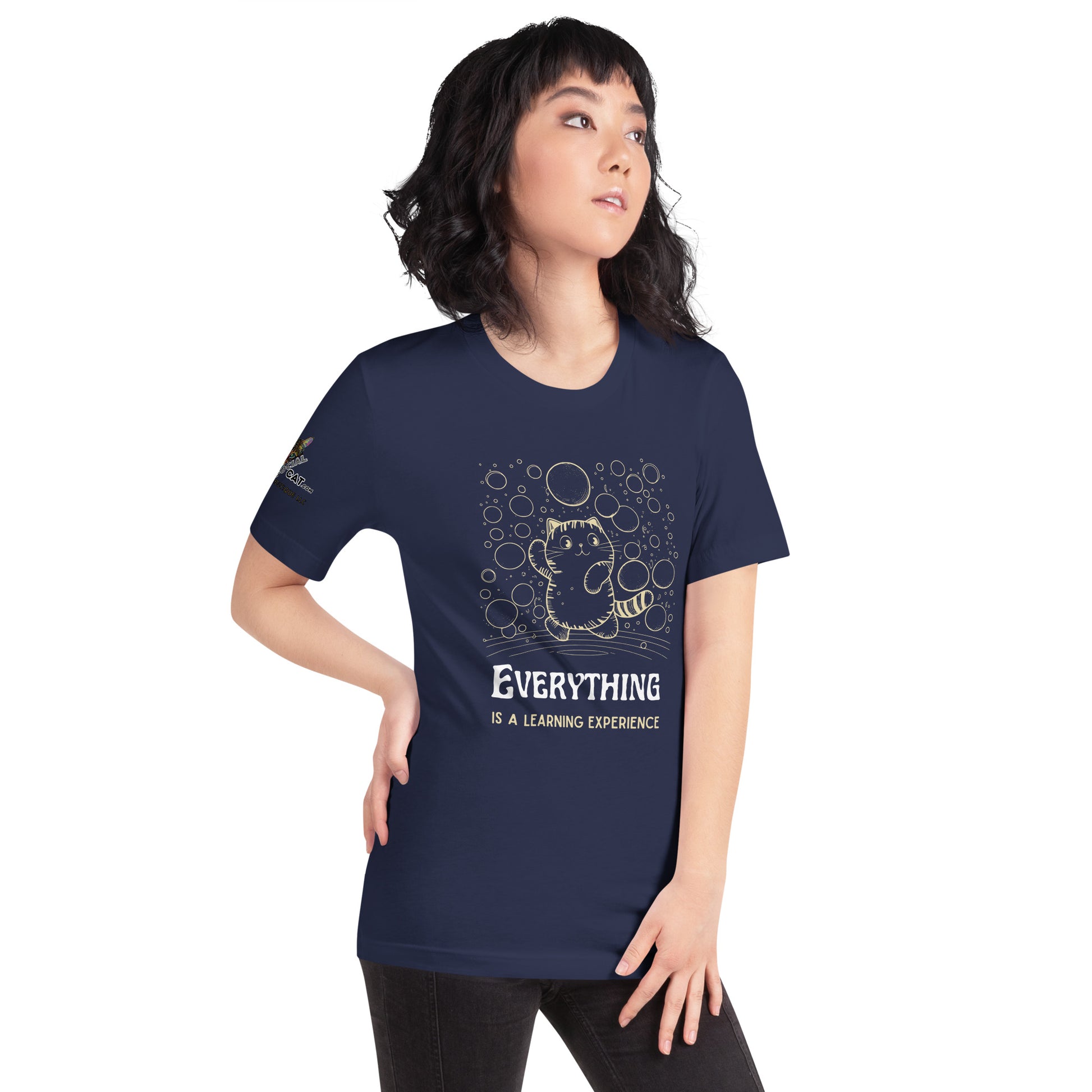 young asian woman wearing navy unisex tshirt on white background