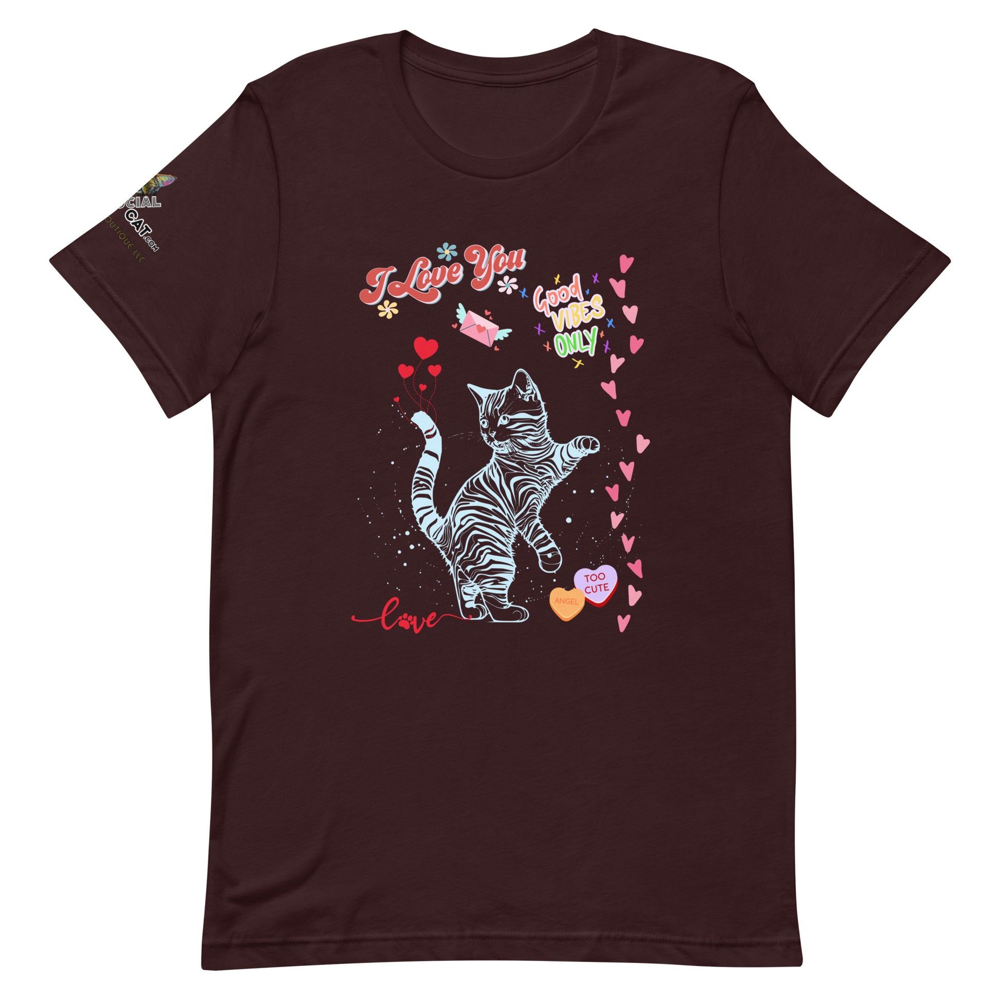 unisex oxblood black tshirt on white background i love you good vibes only