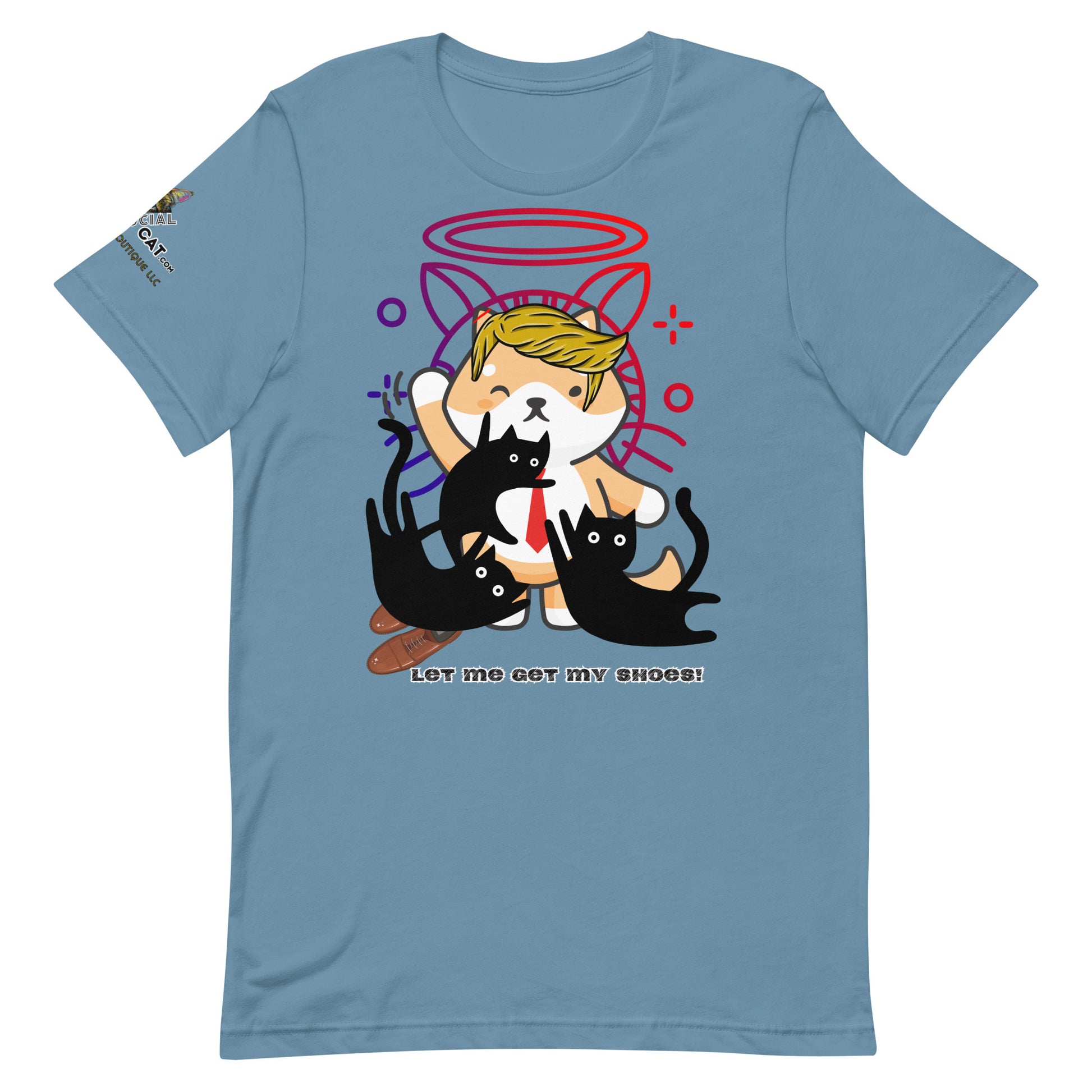unisex staple steel blue cotton tshirt front trump top dog design let me get my shoes