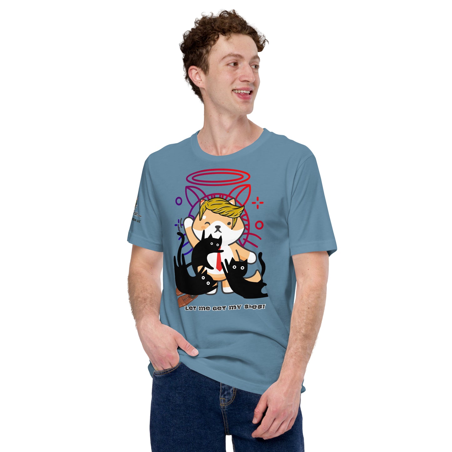 young man wearing steel blue unisex staple t-shirt front view smiling trump top dog design let me get my shoes