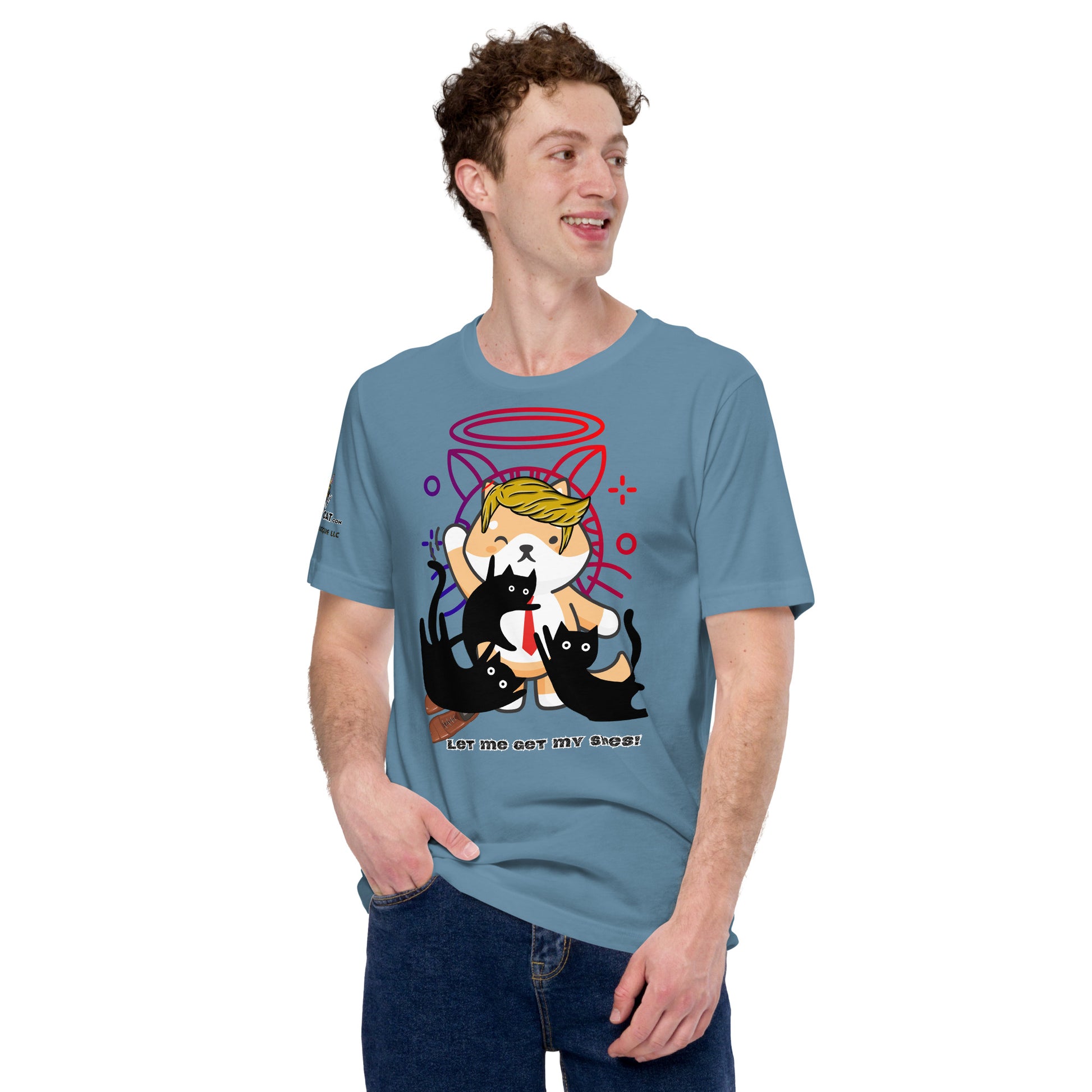 young man wearing steel blue unisex staple t-shirt front view smiling trump top dog design let me get my shoes