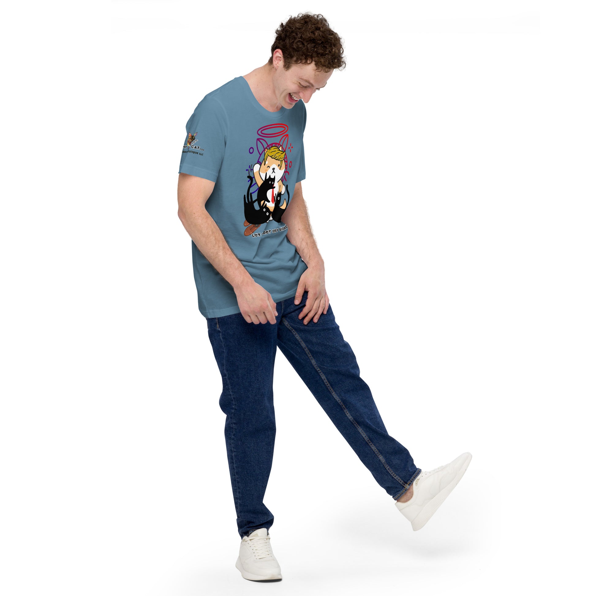 young man wearing steel blue cotton unisex t-shirt looking down on his shoes trump top dog design let me get my shoes