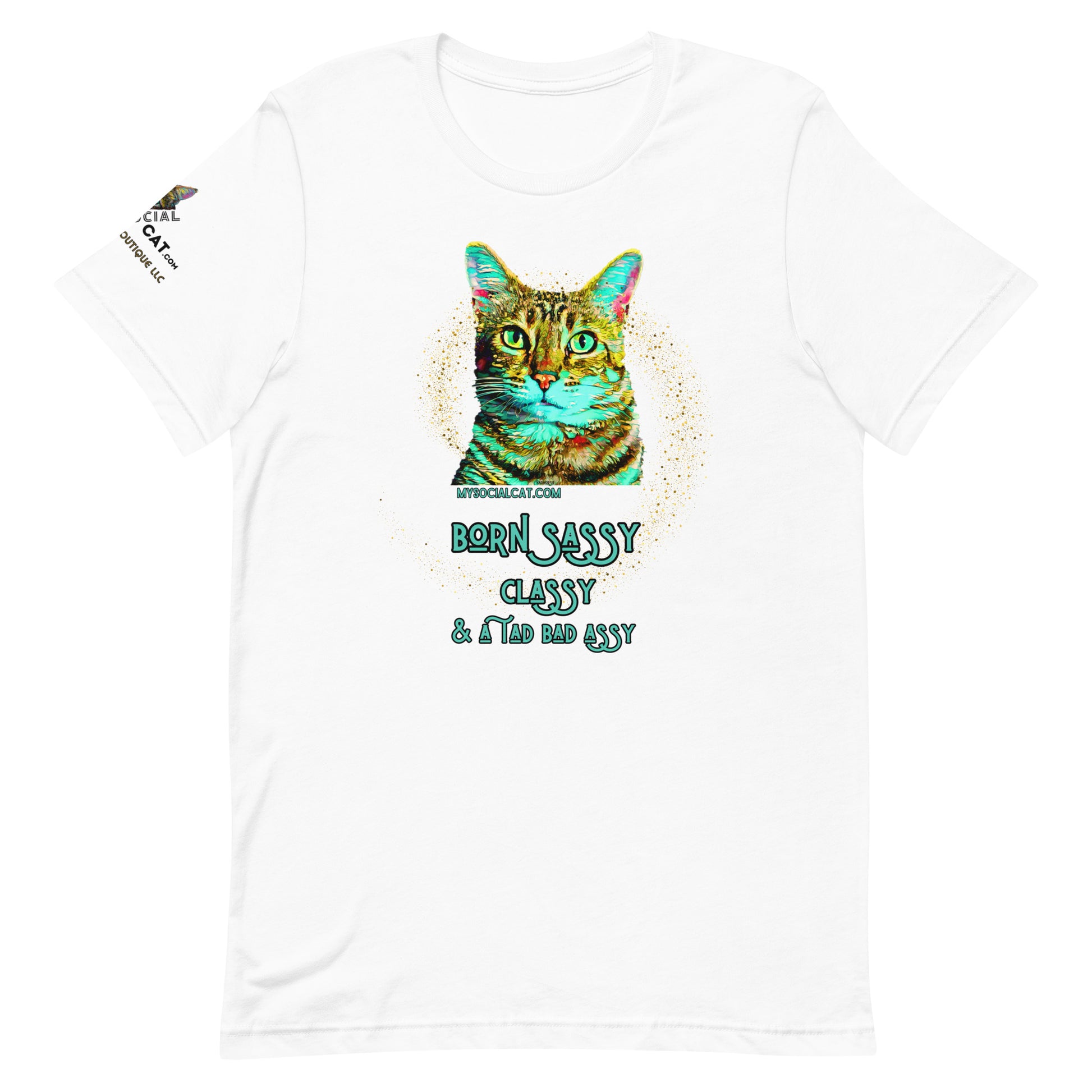 white tshirt on white background unisex fit born sassy classy and a tad bad assy