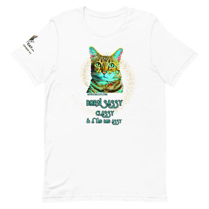white tshirt on white background unisex fit born sassy classy and a tad bad assy