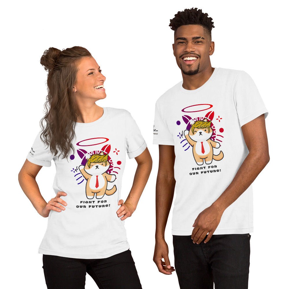 young couple wearing unisex white tshirt on white background smiling trump top dog fight for our future design