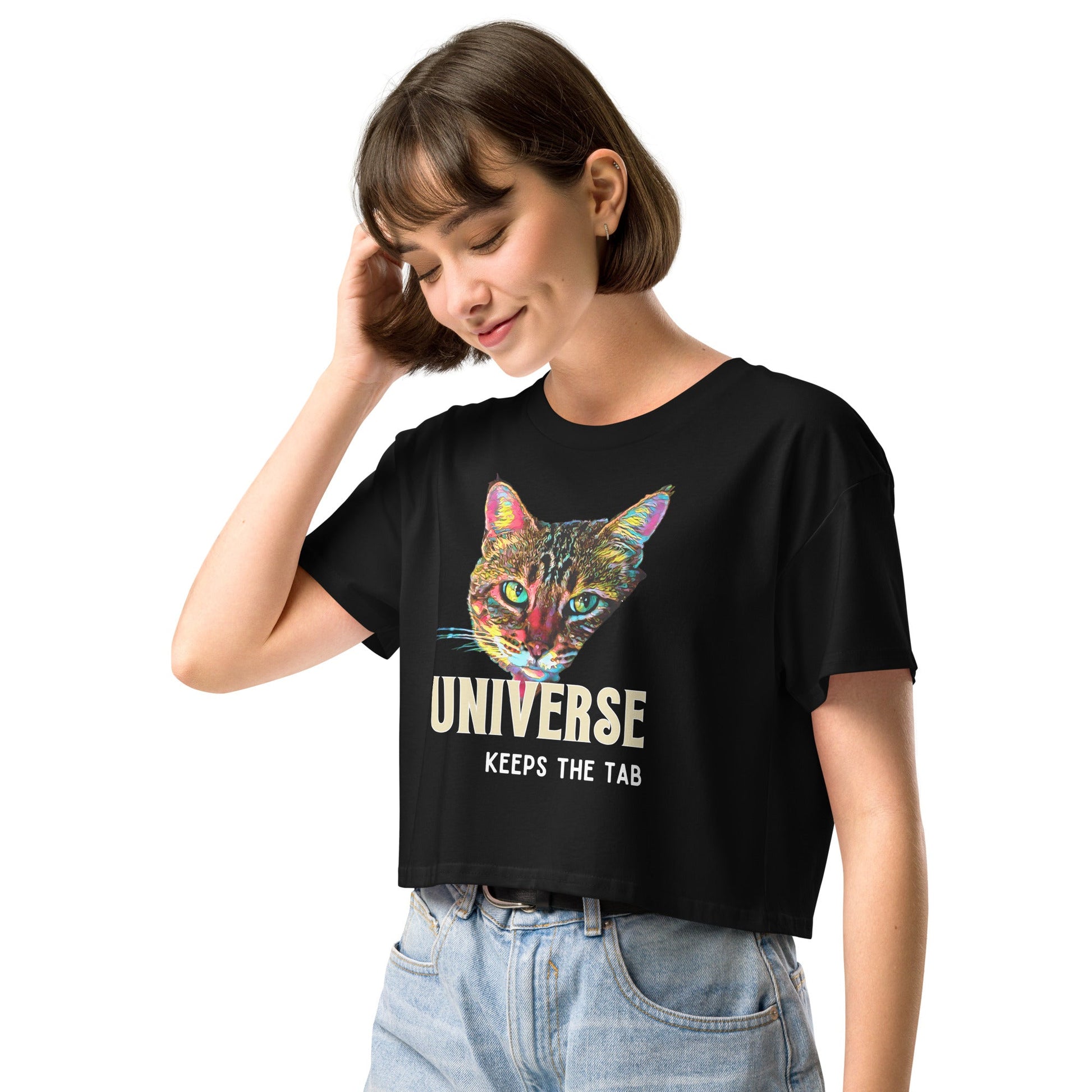 Universe Keeps the Tab Women’s Crop Top - My Social Cat Bonafide Boutique LLCUniverse Keeps the Tab Women’s Crop Topcrop topMy Social Cat Bonafide Boutique LLCBlackXScatshirt