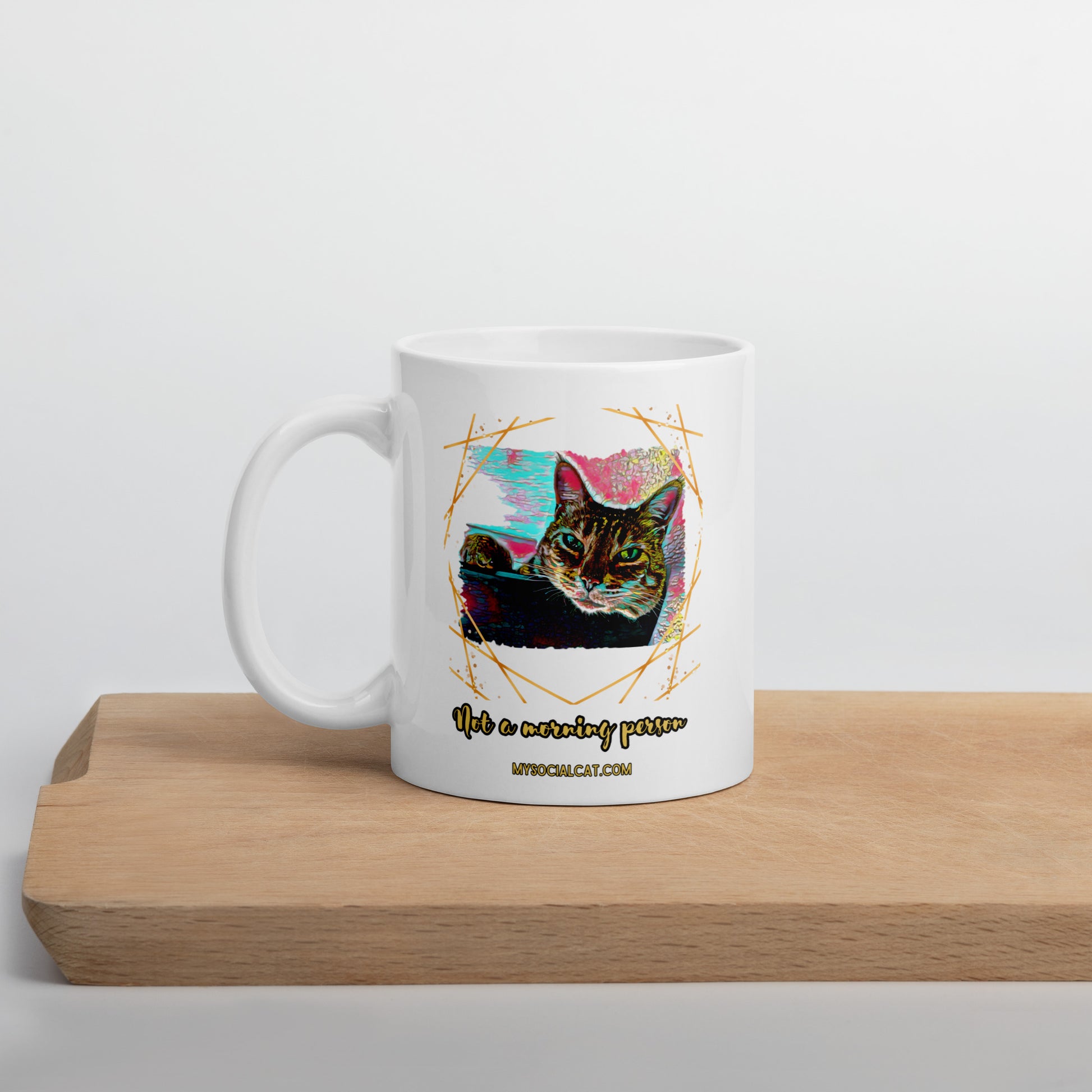 white ceramic mug with cat graphic not a morning person buy mysocialcat.com