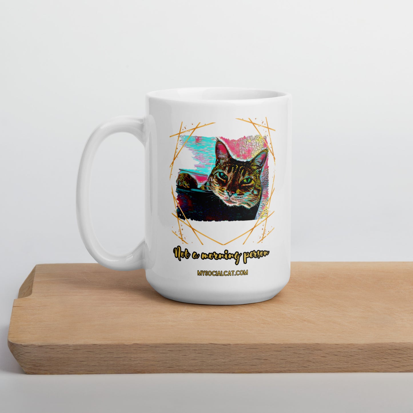 white-glossy-mug-white-15oz-cutting-board white ceramic mug with cat graphic not a morning person buy mysocialcat.com