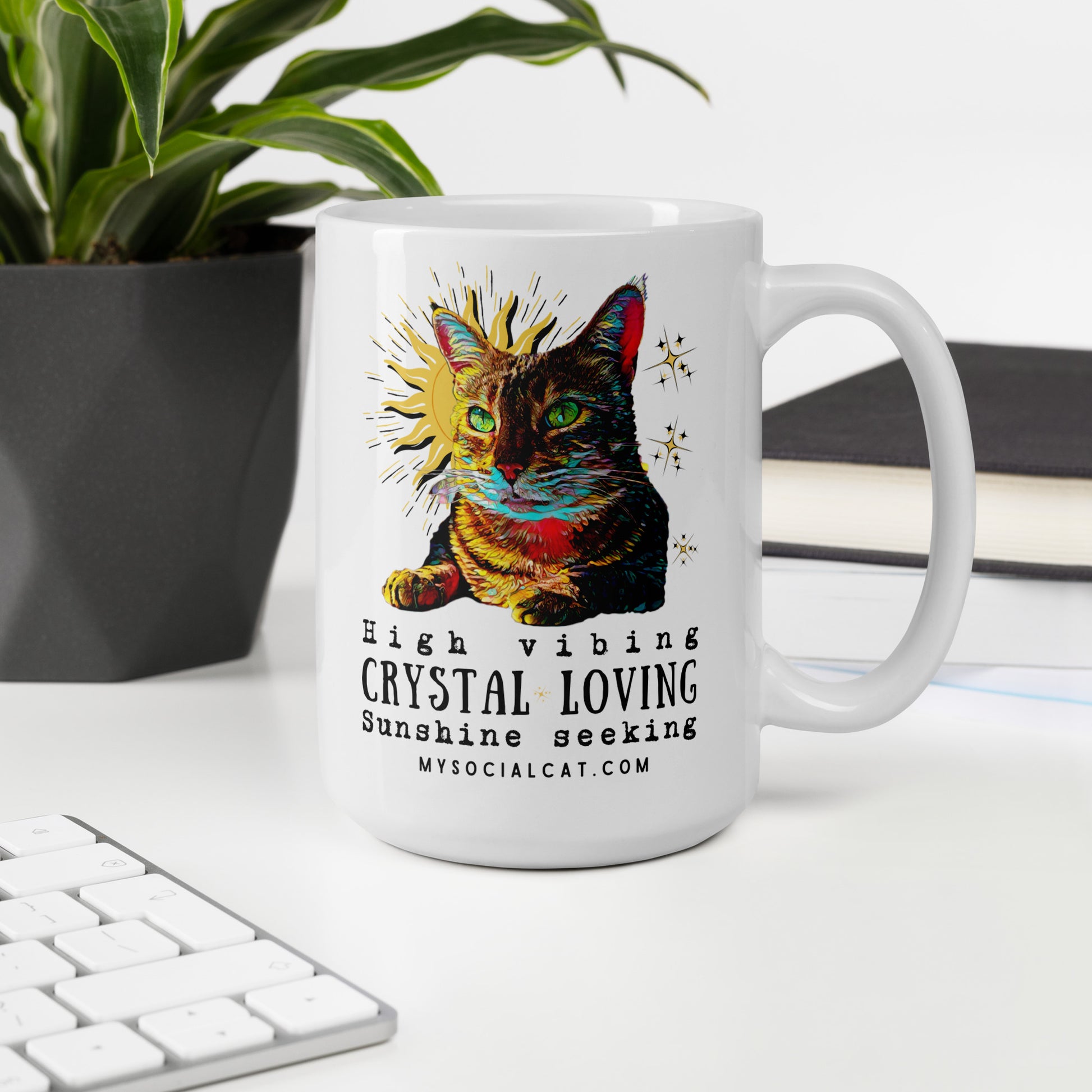 white glossy mug 15oz office desk cat design, mysocialcat.com