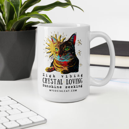 white glossy mug 15oz office desk cat design, mysocialcat.com