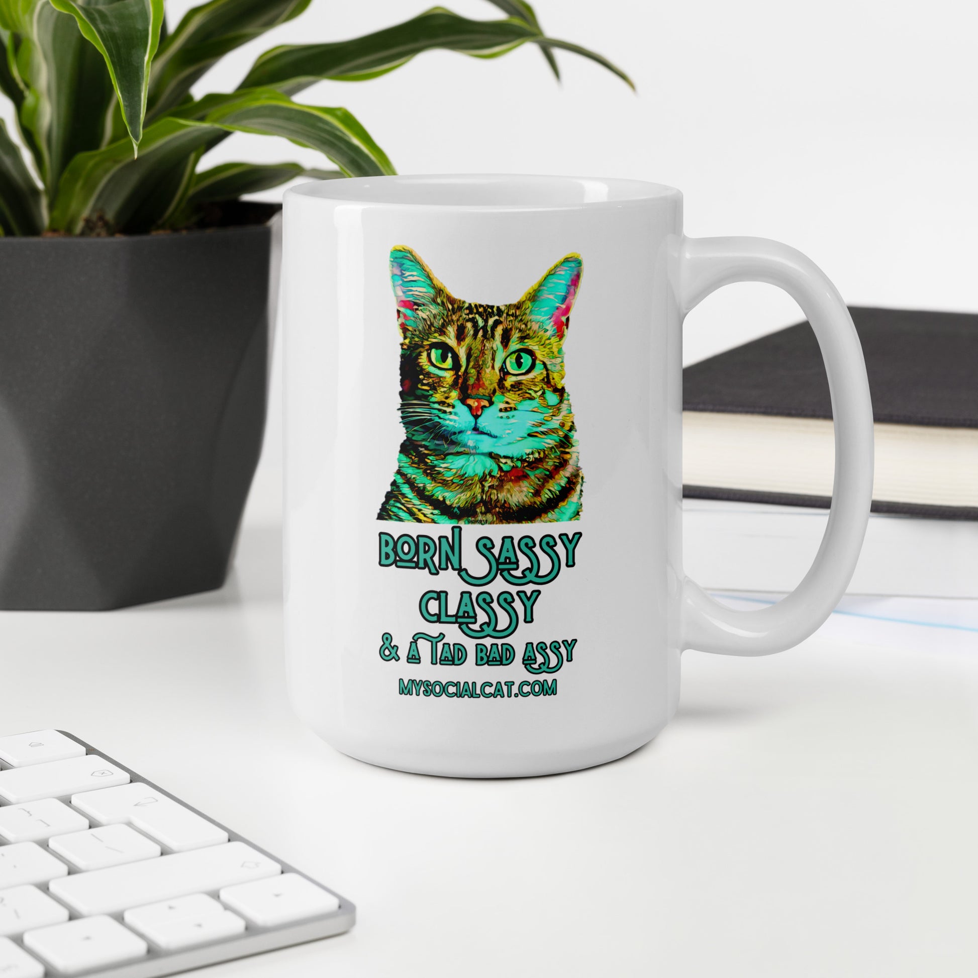 white glossy mug 15oz desk cat