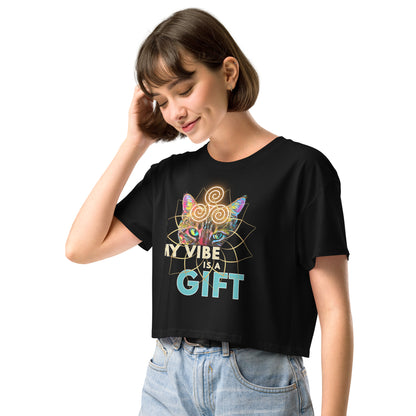 Person wearing a black t-shirt with a colorful graphic design on a white background