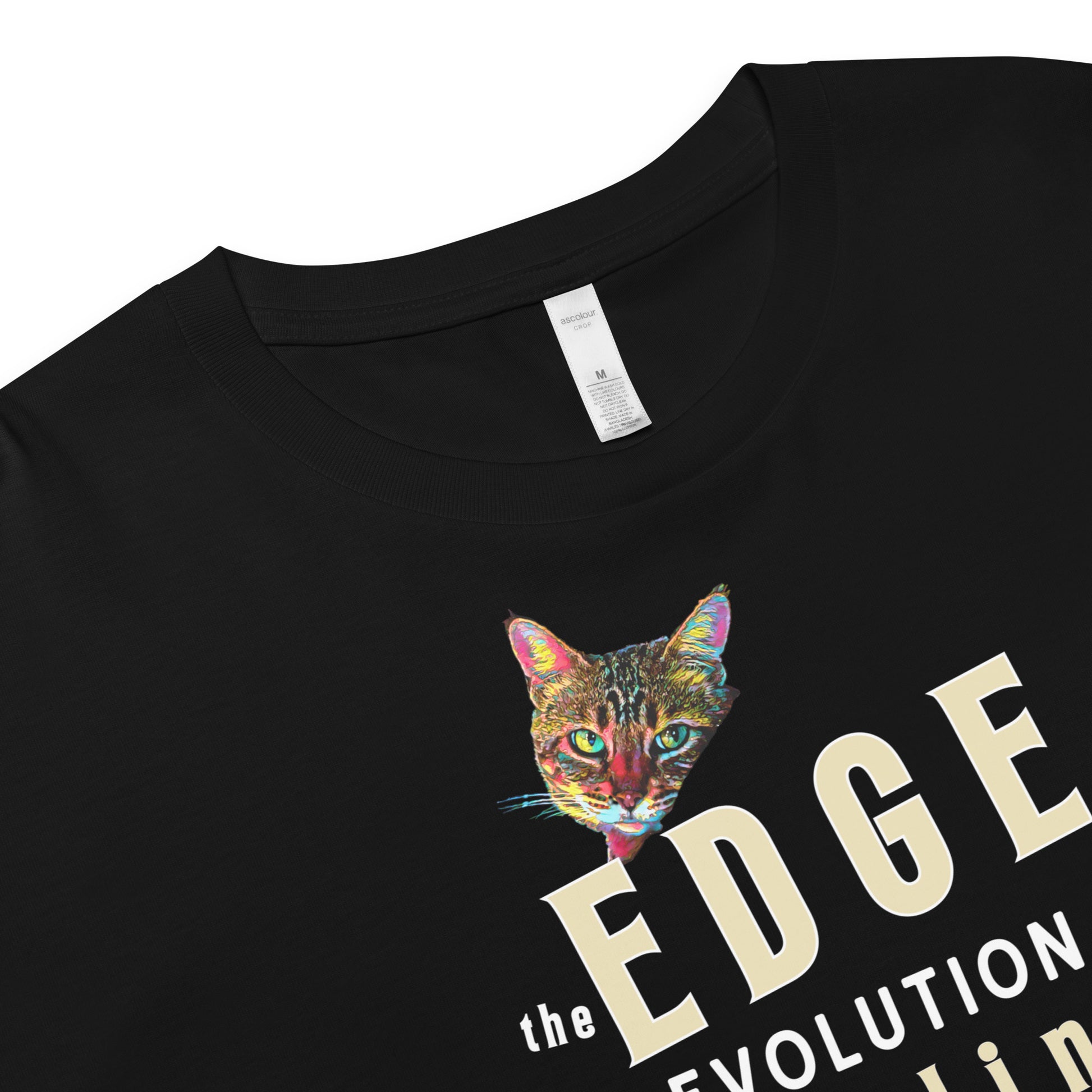 Black t-shirt with a colorful cat graphic and 'the EDGE' text on a white background