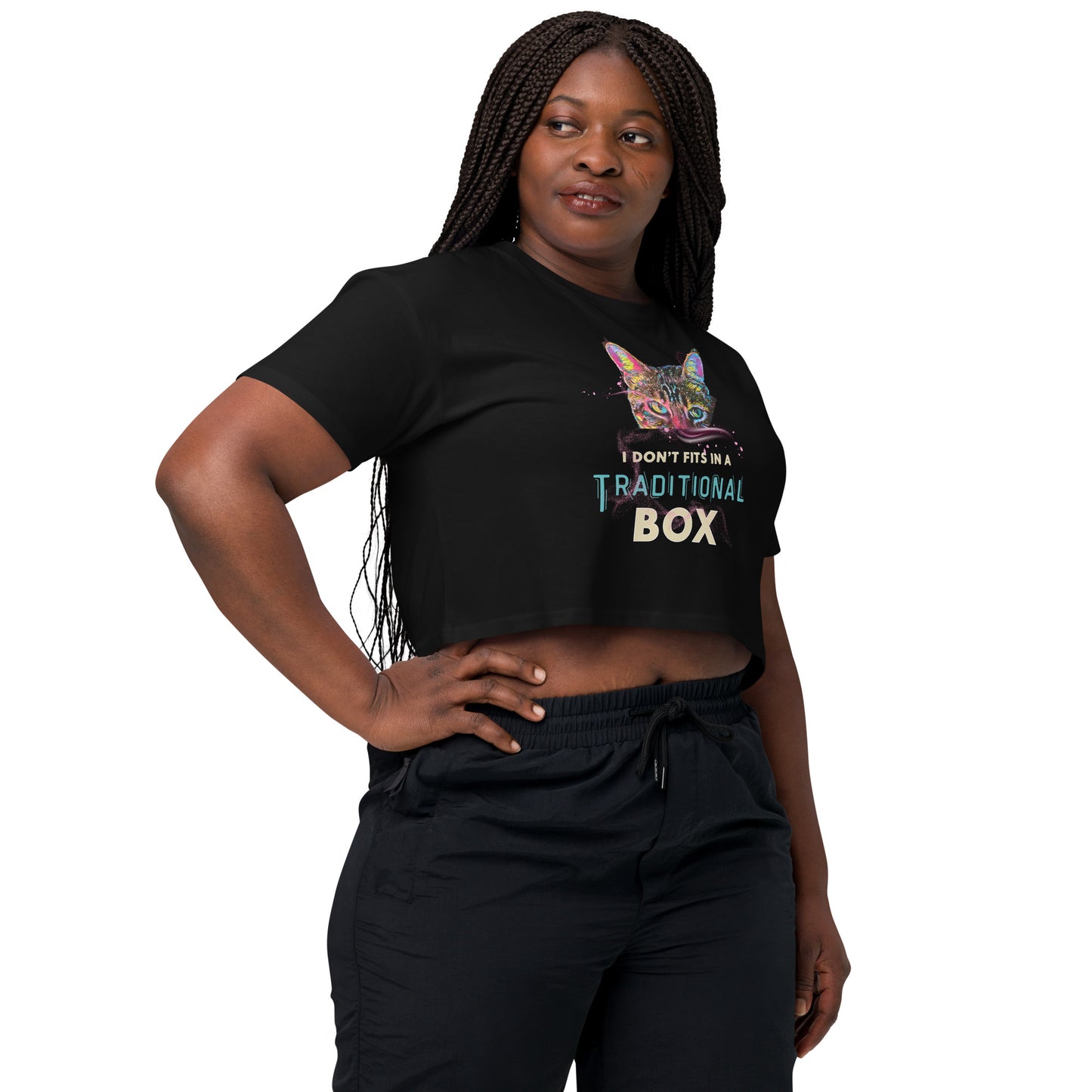 Woman wearing a black t-shirt with a horse graphic on a white background