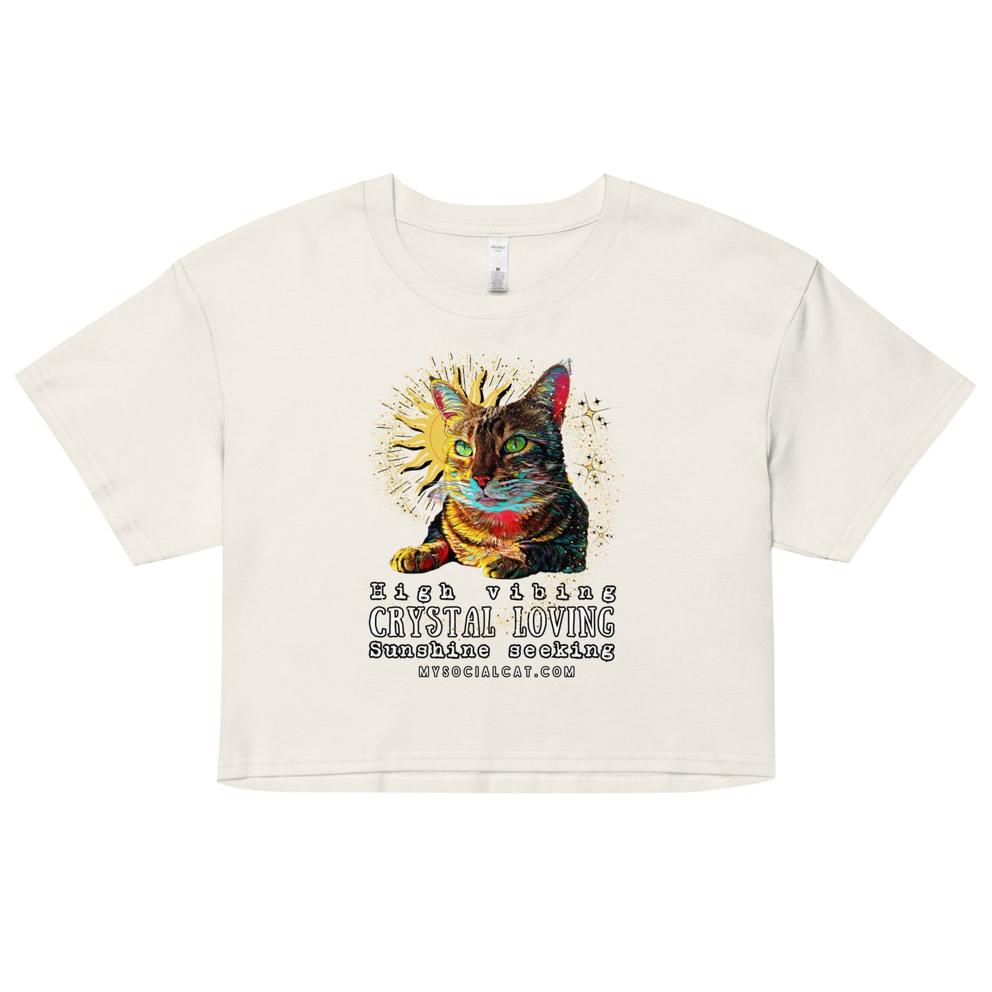 womens crop top ecru cat design, mysocialcat.com