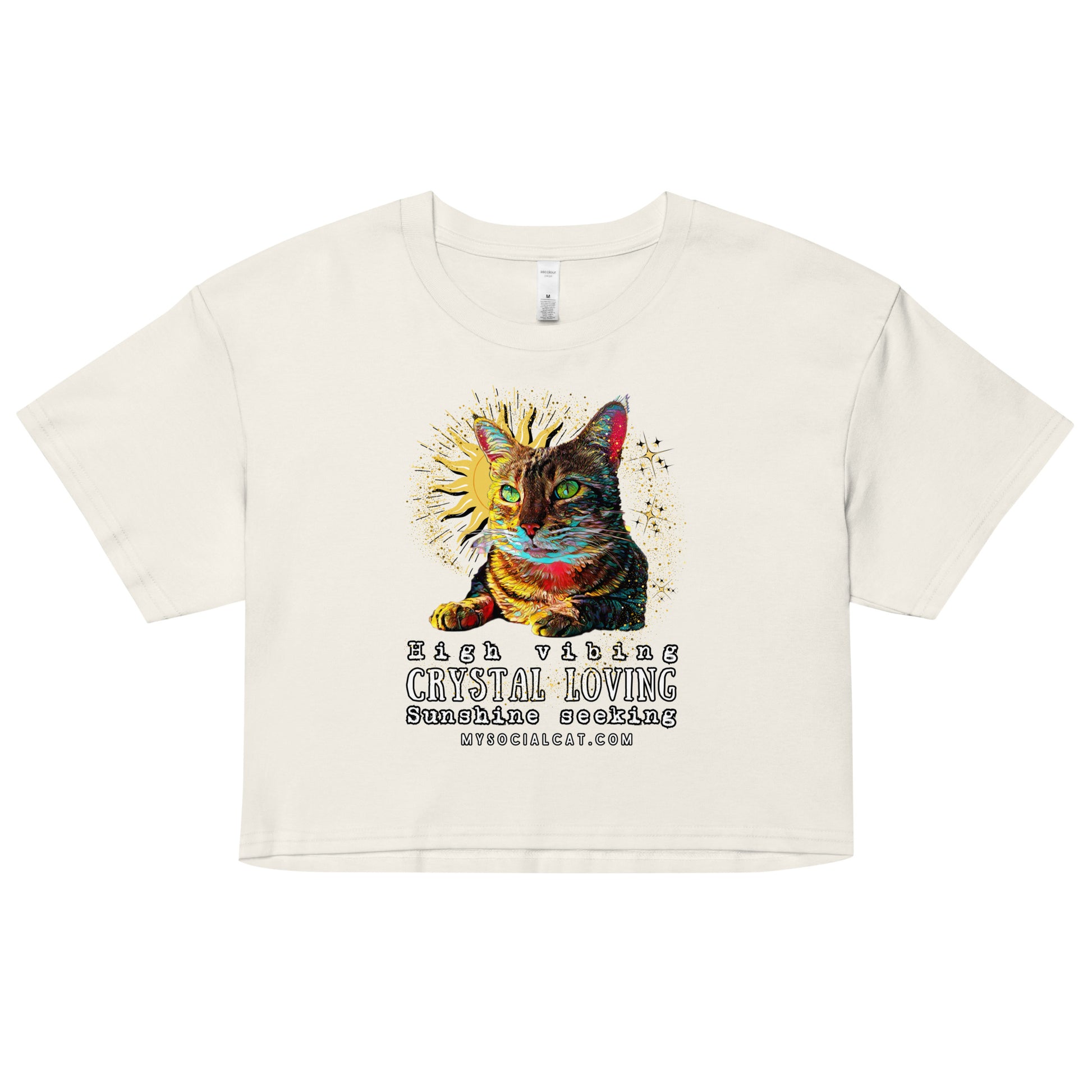 womens crop top ecru cat design, mysocialcat.com
