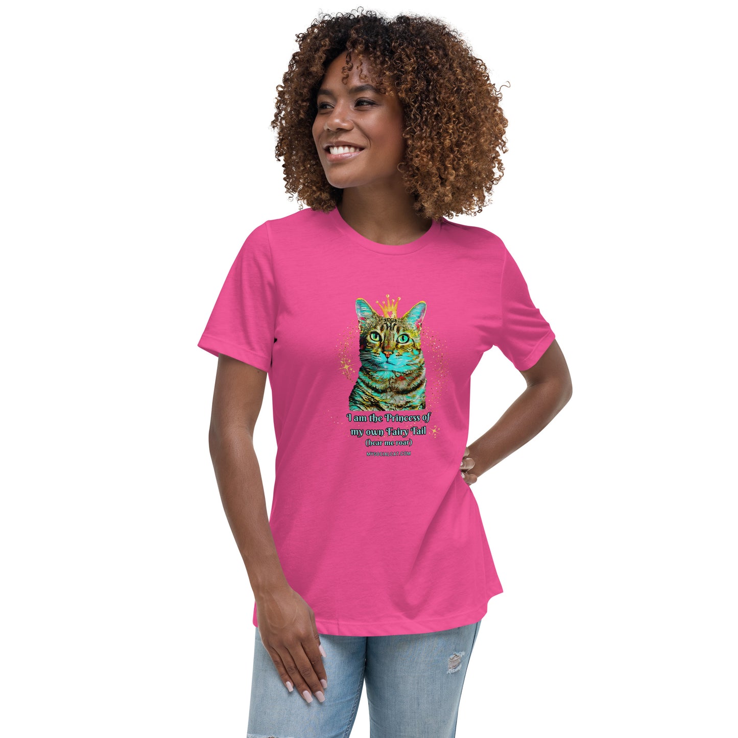 womens relaxed tee berry front view, cat with a crown design, mysocialcat.com