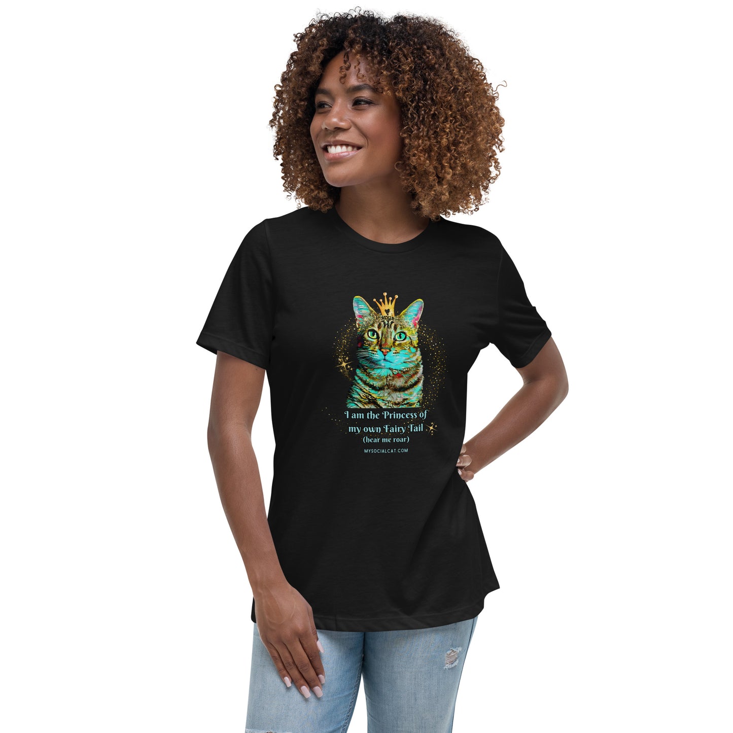 womens relaxed tee black front view, cat with a crown design, mysocialcat.com