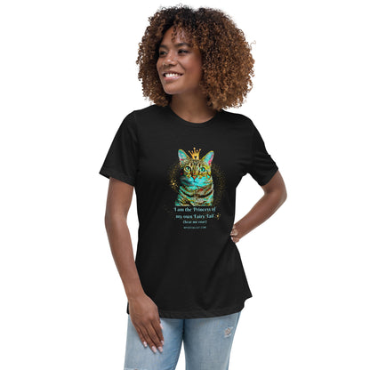 womens relaxed tee black front view, cat with a crown design, mysocialcat.com