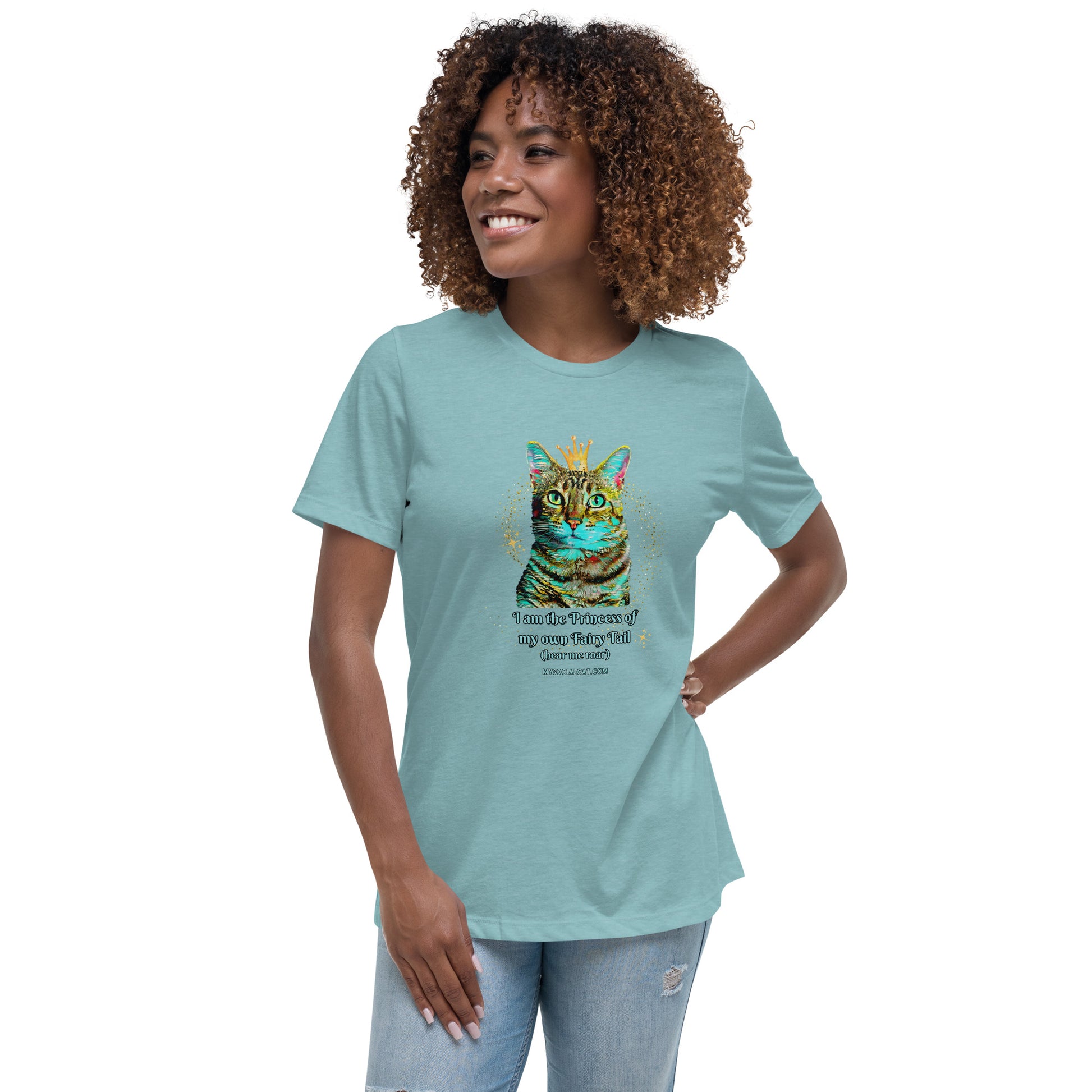womens relaxed tee heather blue lagoon front view, cat with a crown design, mysocialcat.com