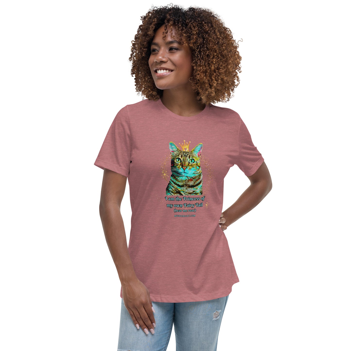 womens relaxed tee heather mauve front view, cat with a crown design, mysocialcat.com