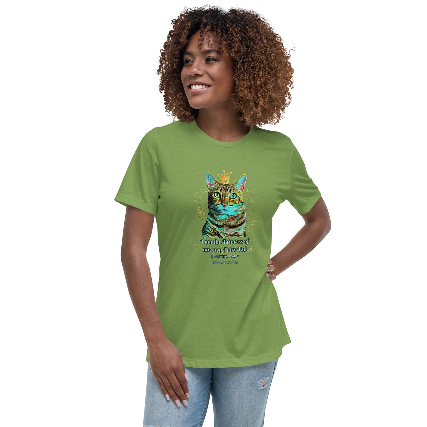 womens relaxed tee leaf front view, cat with a crown design, mysocialcat.com