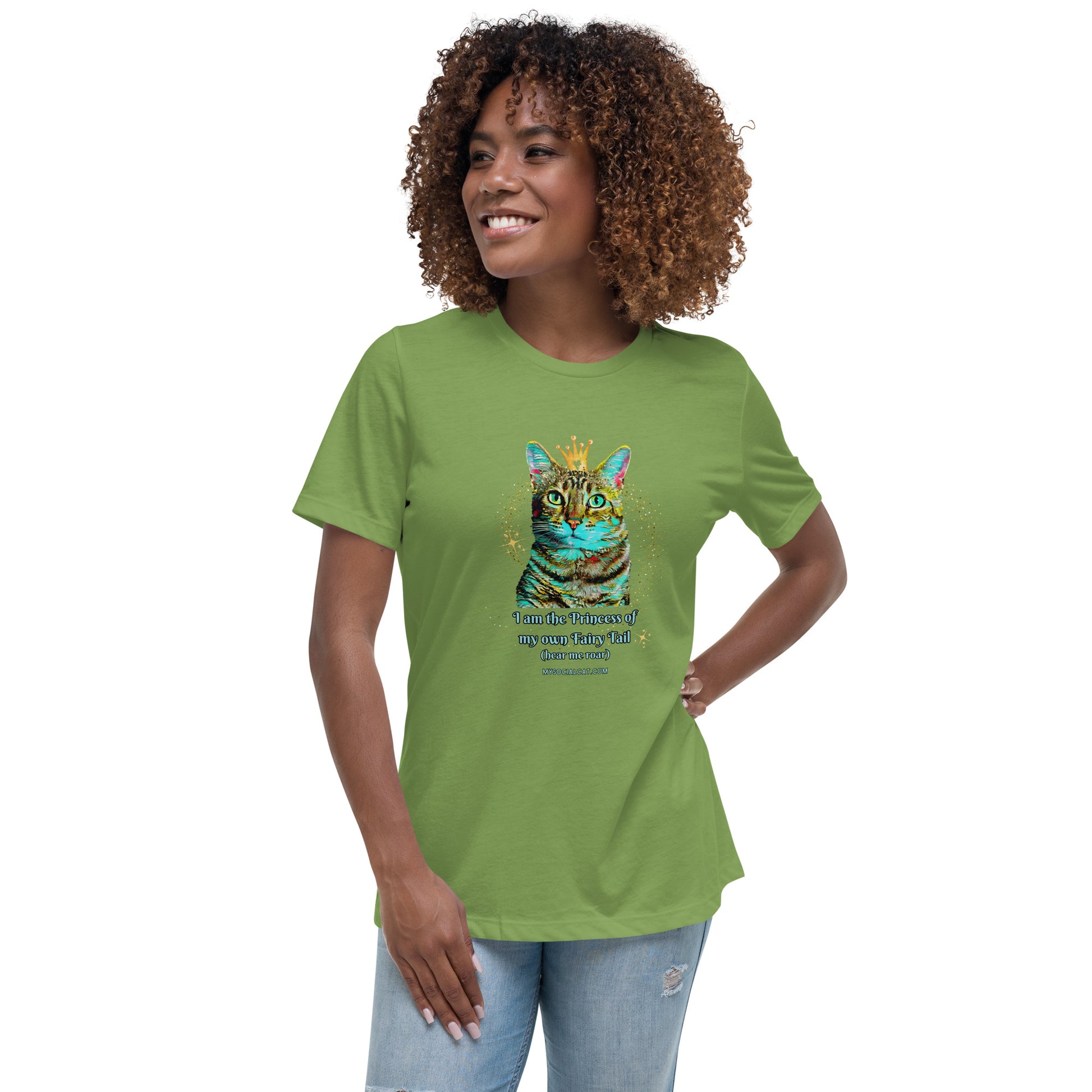 womens relaxed tee leaf front view, cat with a crown design, mysocialcat.com
