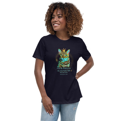 womens relaxed tee navy front view, cat with a crown design, mysocialcat.com