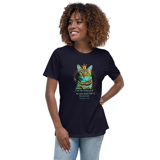 womens relaxed tee navy front view, cat with a crown design, mysocialcat.com