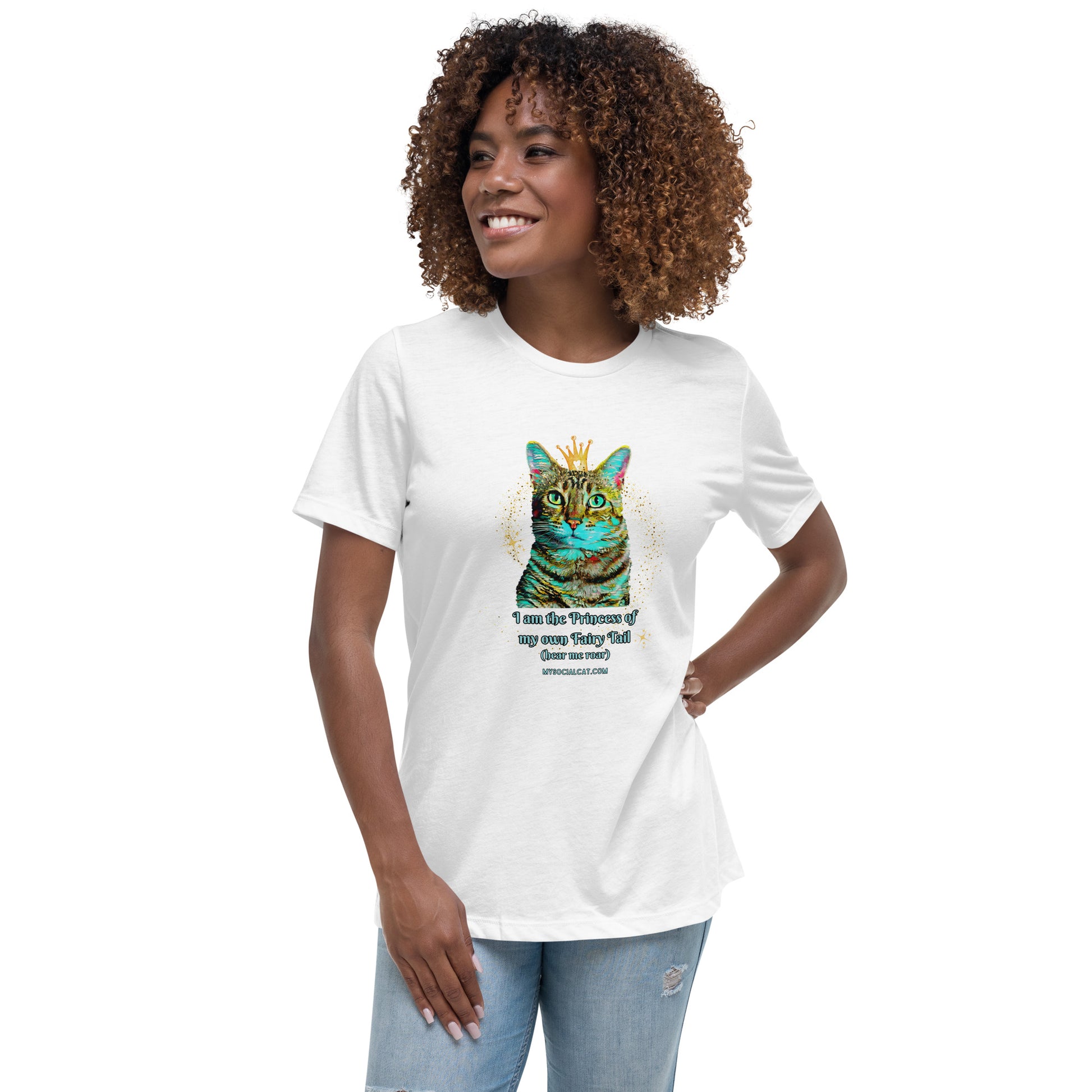 womens relaxed tee white front view, cat with a crown design, mysocialcat.com